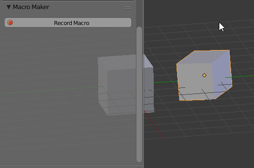 A gif of the Blender 3D 3D View. On the left is a panel called 'Macro Maker'. A button that says 'Record macro' is pressed, the cube in the 3d view is rotated and translated and entries called 'Rotate' and 'Translate' appear in the panel on the left.